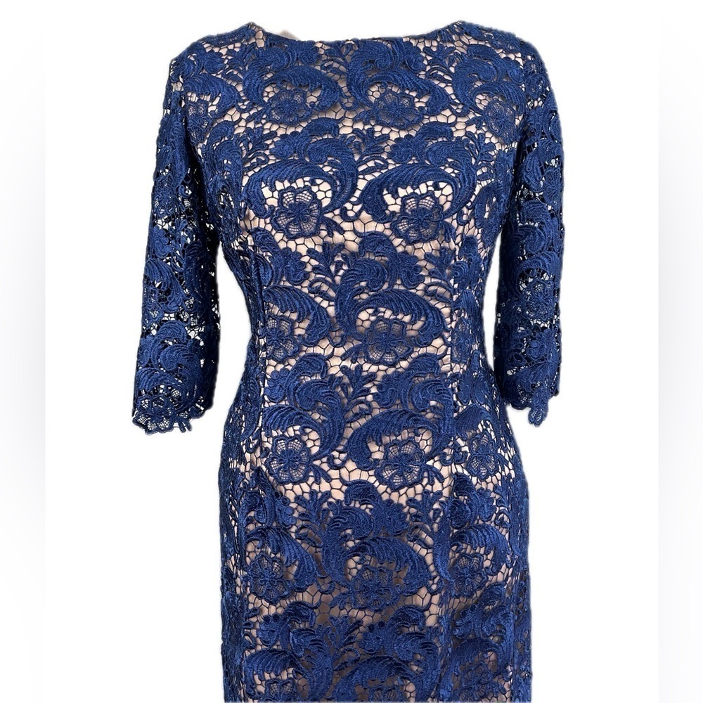 Eliza J Navy Lace Sheath Dress - Size 6 | Wedding Guest Cocktail Elegant - Picture 3 of 10